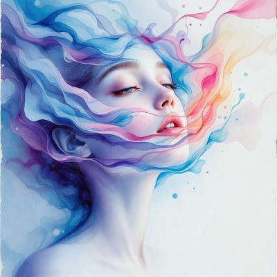 The primary subject of the image is a woman with long hair, who is the main focus of the scene. She is surrounded by a colorful and artistic background, which includes a mix of blue, pink, and white colors. The visual style of the image is a combination of digital art and illustration, creating a vibrant and captivating scene. The woman's expression and the overall atmosphere convey a sense of beauty and tranquility.